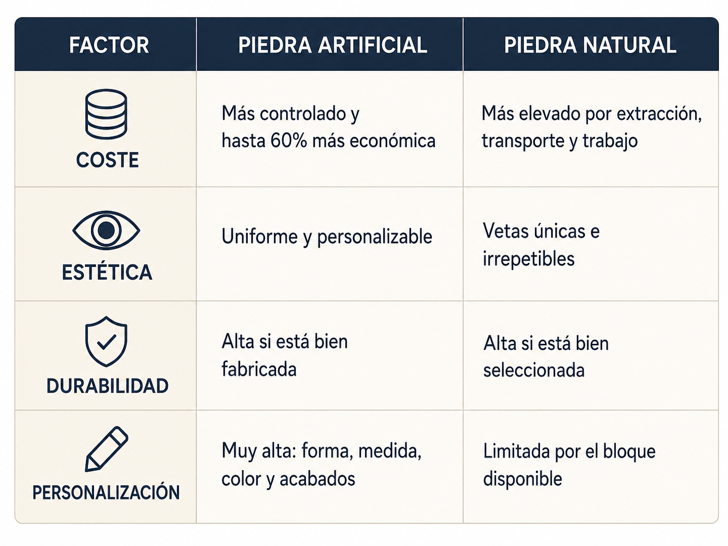 Diferencias entre piedra artificial y piedra natural en coste, estética, durabilidad y personalización